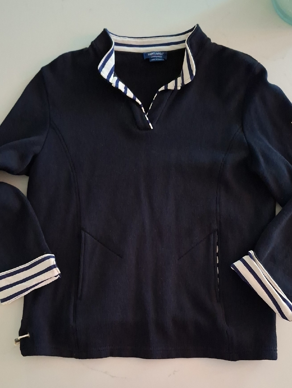 Saint James Wool & Cotton Navy Mockneck Sweater with Toggles (Size US 8/M)